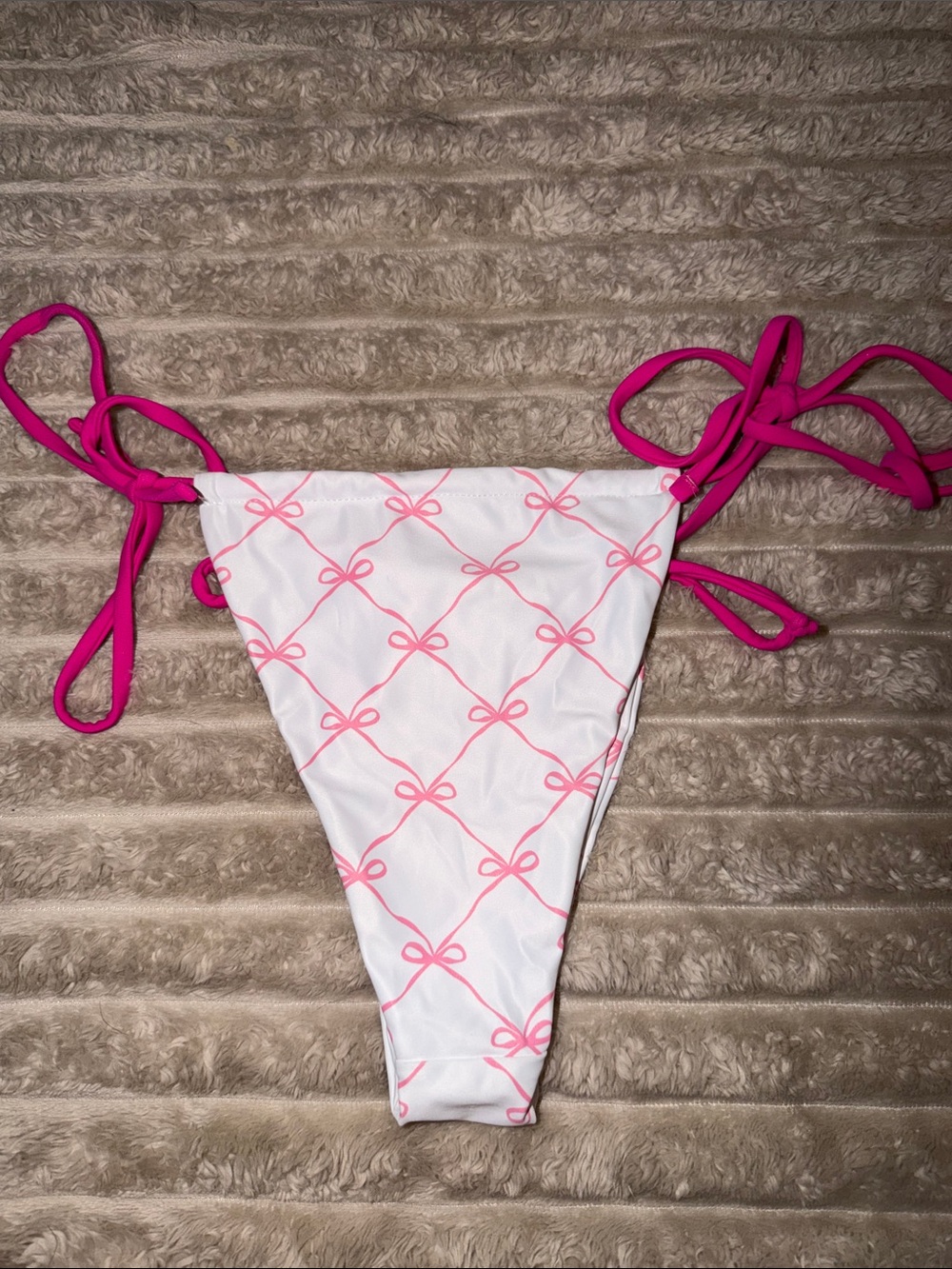 White & Hot Pink Bow Print Triangle Bikini Top - Picture 5 of 7